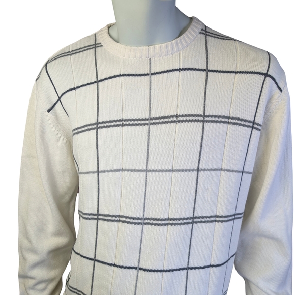 Oscar de la Renta 100% Cotton Cream Windowpane Grid Knit Sweater Men’s L - Picture 2 of 5